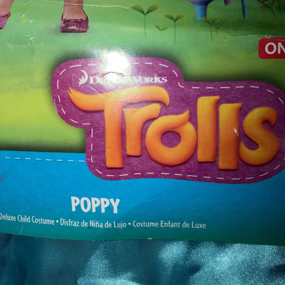 Disguise Trolls Poppy Costume Kids M 7-8 Blue Glitter Deluxe Dress Up Halloween